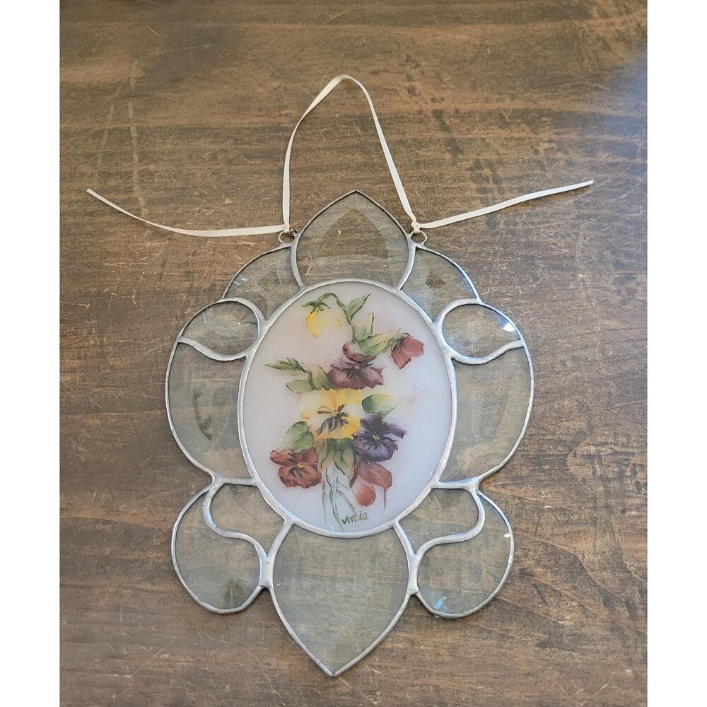 Vintage AMIA Signed Pansy Floral Suncatcher -Hand Painted Glass Window Hanging
